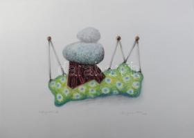 Stefanovits Péter (1947-): Felfüggesztve III., 2019. Vegyes technika, papír, jelzett. Lapméret: 50×70 cm