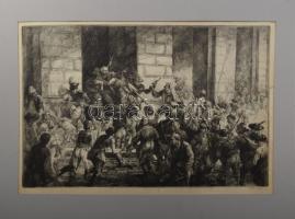 Görög Rezső (1930- ?): Szántó Kovács János elfogatása. Rézkarc, papír, jelzett, paszpartuban, lapszéli szakadásokkal, kissé foltos, 37×58 cm