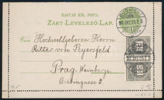 1896 3kr díjjegyes zárt levelezőlap 1kr párral díjkiegészítve, "BUDAPEST / FŐPOSTA" - Prága