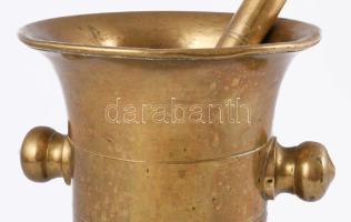 Hatalmas antik bronz mozsár törővel, m: 18 cm, törő h: 33 cm