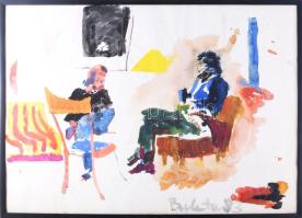 Bukta Imre (1952-): Bukta Imre és Balogh István Vilmos a budapesti, Majakovszkij (Király) utcai közös műhelyükben, 1983. Akvarell, papír, jelzett, gyűrődésekkel, keretben, 50×70 cm