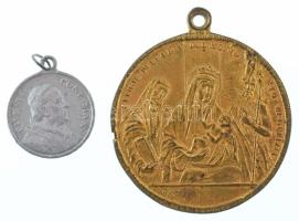 Olaszország DN "Boldogságos Szűz" kétoldalas, aranyozott fém vallási medál füllel (49mm) + 1925. "IX. Piusz pápa / Anno Jubilaei Rome" kétoldalas Al vallási medál füllel (25mm) T:VF,F, patina, peremhiba Italy ND "Effigie Della B. V. Del Momento Di Gorizia" two-sided, gilded metal religion medal with ear (49mm) + 1925. "Pius XI Pont Max / Anno Jubilaei Rome" two-sided Al religion medal with ear (25mm) C:VF,F, patina, edge error