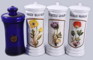 4 darab modern patikai üveg, 3 darab porcelán és egy királykék üveg, m: 24,5 cm alatt