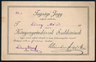 1890 Bp., Tagsági jegy a Könyvnyomdászok Szakkörébe Löwy Mór nevére