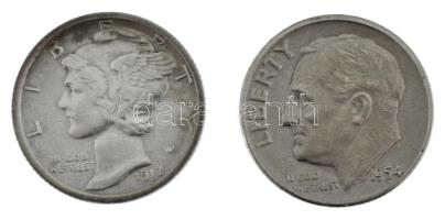 Amerikai Egyesült Államok 1917S 1d (10c) Ag "Mercury" + 1954. 1d (10c) Ag "Roosevelt" T:XF patina USA 1917S 1 Dime (10 Cents) Ag "Mercury" + 1954. 1 Dime (10 Cents) Ag "Roosevelt" C:XF patina