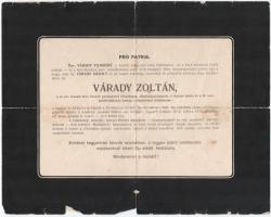 1915 Várady Zoltán hősi halált halt m. kir. brassói 24-ik honvéd gyalogezredbeli főhadnagy gyászjelentése, szakadt + hadapródiskolai papír és édesapja brassói anyakönyve