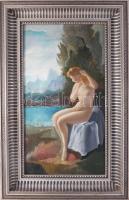Molnár C. Pál (1894-1981): Női akt tájban. Olaj, fa, jelezve jobbra lent. Dekoratív fakeretben, 58×32,5 cm