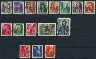 Rimaszombat I. 1945 16 klf bélyeg Bodor vizsgálójellel, több értéken látványosan elcsúszott felülnyomás! (28.300++)  (1f saroktörés / folded corner, 50f sarokhiba / missing corner + több bélyegen ránc / creases on more stamps)