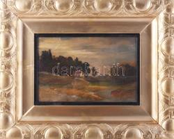 Brodszky Sándor (1819-1901): Táj. Olaj, papír. Jelzés nélkül, hátoldali karton hátlapon hagyatéki bélyegzővel és egy másik táj vázlattal. Dekoratív, üvegezett fakeretben. 19,5x28,5 cm