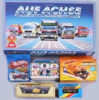 Auf Achse német kamionos társasjáték + 5 darab játékautó, közte Matchbox Motorcity Garage, MB 67 Mustang, stb., saját dobozukban.