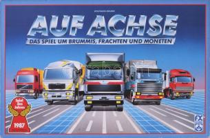 Auf Achse német kamionos társasjáték + 5 darab játékautó, közte Matchbox Motorcity Garage, MB 67 Mus...