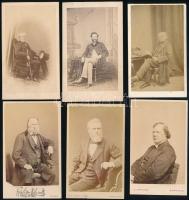 cca 1860-1870 Brit és ír úriemberek (megfejtendő személyek, talán politikusok) portréi, 6 db vizitkártya különféle fényképészektől (H. J. Whitlock, Birmingham; Samuel Eakins, Dublin; stb.), néhány a hátoldalon feliratozva, 10,5x6,5 cm körül
