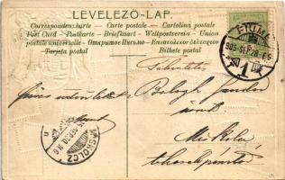 1905 Fiume, Rijeka; látkép. A Magyar kir. Posta bélyegei és magyar címer. Dombornyomott / Fiumara. S...