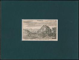 Visegrád és Nagymaros 1664-es rézmetszetű látképe. 7.5 x 13.5 cm Megjelent: (Nürnbergben) Sigmund von Birken: Der Donau Strand... című művében.