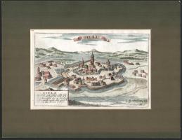 Gyula korabeli, színezett, rézmetszetű látképe  Megjelent: Bodenehr, Gabriel: Das durch den Römischen Adler von den Türcken befreyete Ungarn.. című művében 1721-ben Augsburgban