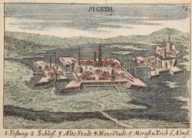 Szigetvár korabeli, színezett rézmetszetű ábrázolása  Megjlenet: (Nürnbergben) Sigmund von Birken: Der Donau Strand.. című művében. Mérete 12 x 7cm, Szép erős nyomat, jó állapotban