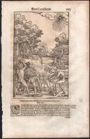 1570 Sebastian Münster Cosmographia című (Megjelent Bázelben 1570-ben) művének lapja, rajta fametszetű illusztrációk szőlővel és más gyümölcsökkel, valamint falusi életkép. A metszetek melletti szövegben leírás szőlőről, gyümölcstermesztésről, borkészítésről. Szép lap, erős lenyomat.   Megjelent: Sebastian Münster Cosmographia című művében 1570-ben Baselben