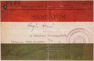 1944 Ideiglenes Nemzetgyűlés mandátum igazolvány, üvegezett keretben Végh Dezső (1882-1953) lapszerkesztő, alpolgármester részére