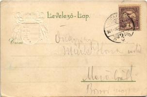 1901 Budapest I. Királyi vár és várbazár. Szecessziós, dombornyomott címer / Art Nouveau, Emb. litho...