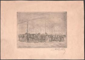 Olvashatatlan jelzéssel: Itatás (lovak, ménes). Rézkarc, papír, jelzett, lapszéli törésnyommal, 17,5×24 cm