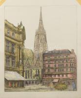Olvashatatlan jelzéssel: A Szent István-székesegyház (németül: Stephansdom), Bécs. Színezett rézkarc, papír, jelzett, lap felső sarkaiban kisebb elszíneződéssel (paszpartuzás nyoma), lapszéli apró szakadással, 39,5×29,5 cm