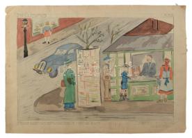 Varga Ferenc jelzéssel: Mi újság (Pestszenterzsébet, 1942). Akvarell, papír, lapszéli apró sérüléssel és foltokkal, 39,5×29,5 cm