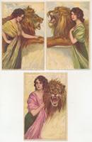 1925 3 db RÉGI T. Corbella művészlap egy levelezésből: hölgyek oroszlánnal / 3 pre-1945 art postcards from the same correspondence: ladies with lions s: T. Corbella + So. Stpl