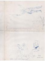 Jelzés nélkül, részben Révész Imre és Barabás Miklós után (több rajz egy lapon): Petőfi a nép között; Bem; Érted haltuk szent világszabadság; Nagyszebeni csata; Székelyek rohama erdélyi Kárpátokban. Golyóstoll, hártyapapír, hajtva, lapméret: 44,5×32,5 cm