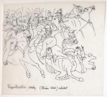 Jelzés nélkül, Than Mór után: Tápióbicskei csata (1848-49-es forradalom és szabadságharc). Tus, toll, hártyapapír, 16×17 cm