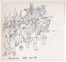 Jelzés nélkül: Katonák komáromnál (1848-49-es forradalom és szabadságharc). Tus, toll, hártyapapír, 16×17 cm