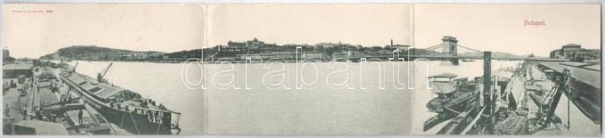 1898 Budapest, látkép, Lánchíd, királyi vár, Várkert Bazár, uszályok, Citadella, rakpart. 3-részes kihajtható panorámalap. Stengel &amp; Co. (Dresden) 4659. (kis szakadások / small tears)
