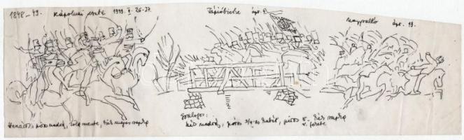 Jelzés nélkül: Csatakép tanulmányok (1848-49-es forradalom és szabadságharc). Tus, toll, hártyapapír, hajtásnyomokkal, 10×36 cm