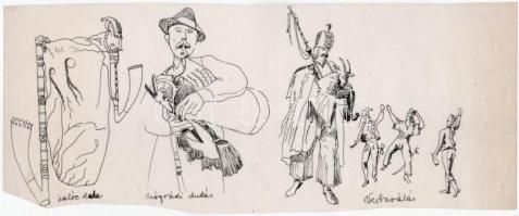 Jelzés nélkül: Palóc duda, nógrádi dudás, verbuválás. Tus, toll, hártyapapír, lap széle vágott, 13×33 cm