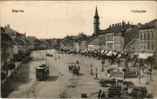 1915 Sopron, Várkerület, villamos, piac, Lang Frigyes üzlete. M. Kir nagy és különlegességi áruda kiadása (EK)
