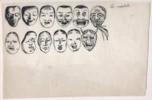 Jelzés nélkül: Nó-maszkok. Tus, toll, hártyapapír, lap széle vágott, 17×26 cm