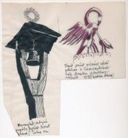 Jelzés nélkül, 2 db rajz egy lapon: Harangláb tetején sugárba foglalt kereszt, Kakasd, Tolna; Fiait saját vérével etető pelikán a hódmezővásárhelyi templom szószékén. Tus, toll, hártyapapír, lap széle vágott, 18,5×17 cm
