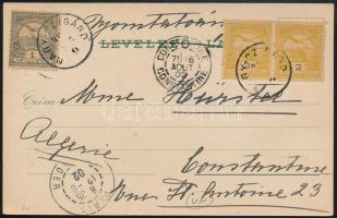 1902 Képeslap Turul 1f + 2 x 2f bérmentesítéssel Algériába küldve / Postcard to Algeria "NAGY-CZIGÁND" - "CONSTANTINE"