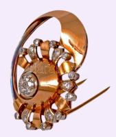 Arany (Au) bross, 14k, benne 0,01ct; 0,02ct; 0,05ct méretű gyémántokból összesen cca 0,9-1ct gyémánt ékítés, jelzett, 42x29mm, bruttó 13,7g