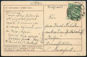 1916 Képeslap 5 Heller bélyeggel bérmentesítve az S.M. Spitalschiff Kulpa hajó egyik tengerészének címezve