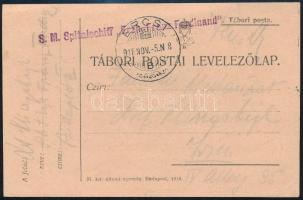 1918 Tábori posta levelezőlap Bécsbe küldve "S.M. Spitalschiff Erzh. Franz Ferdinand" , "ERCS" postai bélyegzéssel egy nappal azelőtt, hogy a dunaflotille levonta a k.u.k. harci zászlaját Budapesten