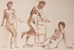 Olvashatatlan jelzéssel: Női aktok. Lavírozott tus, papír. Lapszéli szakadásokkal. 29,5×42 cm