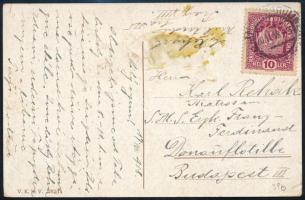 1918 Képeslap 10 Heller bérmentesítéssel a Dunai Flottilla S.M. Spitalschiff Erzherzog Franz Ferdinand fedélzetén szolgáló matróznak címezve. A Dunai Flottilla matrózainak, különösen a kórházhajókon szolgálóknak címzett levelek rendkívül ritkák.