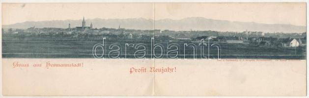 1898 Nagyszeben, Hermannstadt, Sibiu; Prosit Neujahr! / látkép. 2-részes kihajtható panorámalap. G.A. Seraphin, Jos. Drotleff / general view. 2-tiled folding panoramacard (gyűrődések / creases)