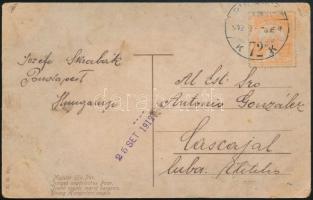 1912 Képeslap 2 x Turul 3f bérmentesítéssel Kubába, érkezési bélyegzéssel / Postcard with 2 x 3f fra...