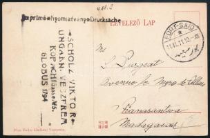 1911 TCV képeslap Turul 2f és 3f bérmentesítéssel Madagaszkárra, angol-arab kétnyelvű átmenő bélyegz...