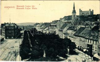 1914 Pozsony, Pressburg, Bratislava; Kossuth Lajos tér (sétatér), vár, Kozics üzlete. W. L. Bp. 654. / promenade, square, tram, castle, shop (EK)