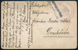 ~1917 Tábori posta képeslap Dombóvárra küldve "DAMPFER ALMOS K. und K. KRIEGSMARINE" , "Hadiszolgálat / Portóm" (Katonai Szolgálat Postabélyeg)