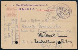 1918 Előnyomott tábori posta levelezőlap "K.u.K. FELDPOSTAMT / 518" , "K.u.K. FELDPOSTAMT / b 299" , "K. u. k. Schiffstationskommando / G A L A T Z"