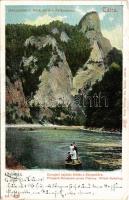 Tátra, Tatry; Dunajeci hajózás, kilátás a Sólyomkőre, tutaj. Feitzinger Ede No. 358. 1908/18. / Przejazd Dunajcem przez Pieniny / Dunajecfahrt durch die Pieninen / rafting (EK)