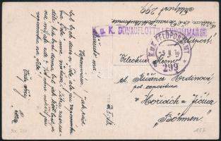 1918 Tábori posta képeslap "K.u.K. FELDPOSTAMT / b 299" , "K.u.K. DONAUFLOTTILLENKOMMANDO" az S.M.S. Sava legénységének egyik tagja által írt, Bécsbe címzett